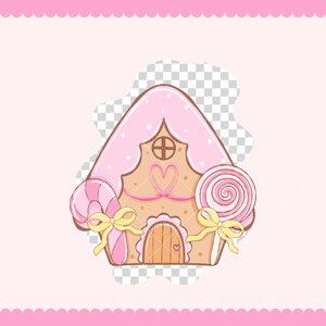 May include: A whimsical illustration of a gingerbread house with a pink roof dotted with white circles. The house has a heart-shaped window and a wooden door. Pink and white lollipops and candy canes with yellow bows flank the house.