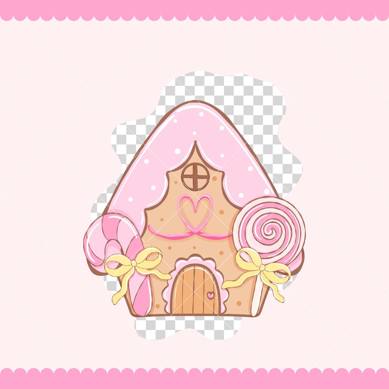 May include: A whimsical illustration of a gingerbread house with a pink roof dotted with white circles. The house has a heart-shaped window and a wooden door. Pink and white lollipops and candy canes with yellow bows flank the house.
