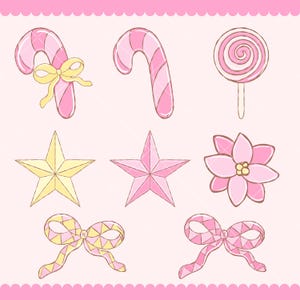 May include: A collection of whimsical, hand-drawn illustrations featuring holiday-themed elements. Includes pink and white candy canes, a pink and white swirled lollipop, gold and pink stars, a pink poinsettia, and decorative bows in pink and yellow.