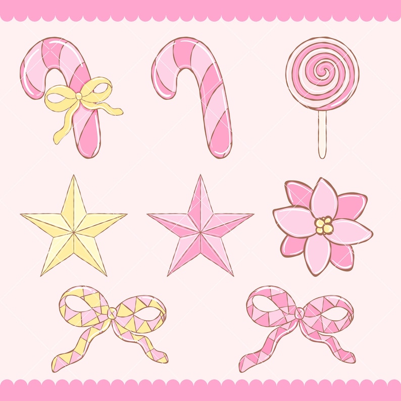 May include: A collection of whimsical, hand-drawn illustrations featuring holiday-themed elements. Includes pink and white candy canes, a pink and white swirled lollipop, gold and pink stars, a pink poinsettia, and decorative bows in pink and yellow.