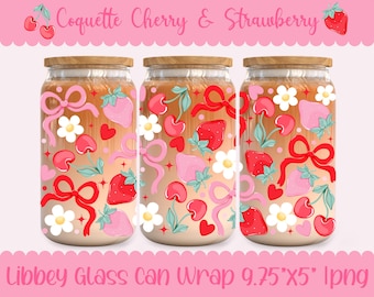 Opakowanie na kubek Coquette Cherry Strawberry Cup Wrap, różowe kokardki, szklana puszka Libbey o pojemności 16 uncji (PNG Digital Download)
