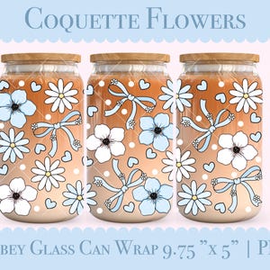 Coquette Flower Libbey glazen blikje wrap PNG, schattig madeliefje en strikjes sublimatieontwerp voor 16oz blikje, bloemenwrap voor drinkbeker