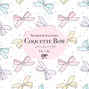 Coquette pastel bow seamless pattern,Whimsical preppy bow,Cute ribbon bow,Printable repeat digital paper,Papers for fabric print, PNG | JPG