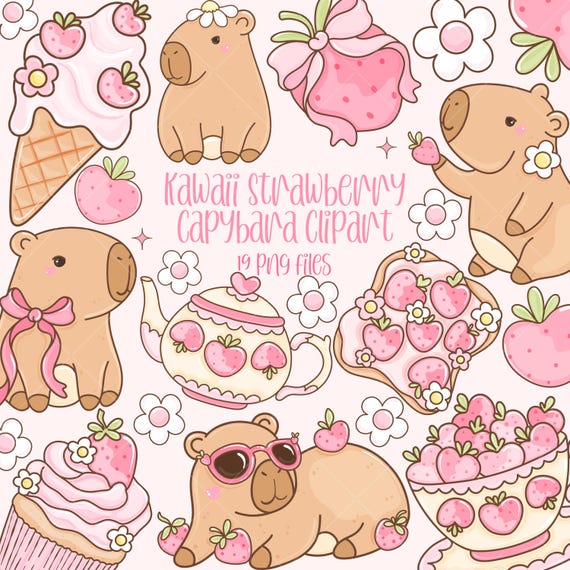 Kawaii Strawberry Capybara Clipart Set, Hand Drawn Pink Elements (Digital Download)