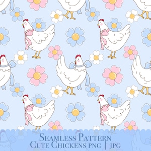 Cute Spring Chickens Seamless Pattern,Coquette Chickens repeating pattern,Easter chickens digital paper background, PNG, Jpg