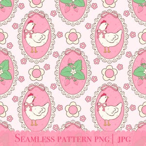 Coquette  Chicken Seamless Pattern, Vintage Chicken repeating pattern,Cottagecore digital paper background, PNG, Jpg
