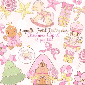 May include: A collection of pastel Christmas clipart elements, including a gingerbread person, a rocking horse, a nutcracker, and a gingerbread house. The image features pink, yellow, and green accents, with the text "Coquette Pastel Nutcracker Christmas Clipart 18 png files".