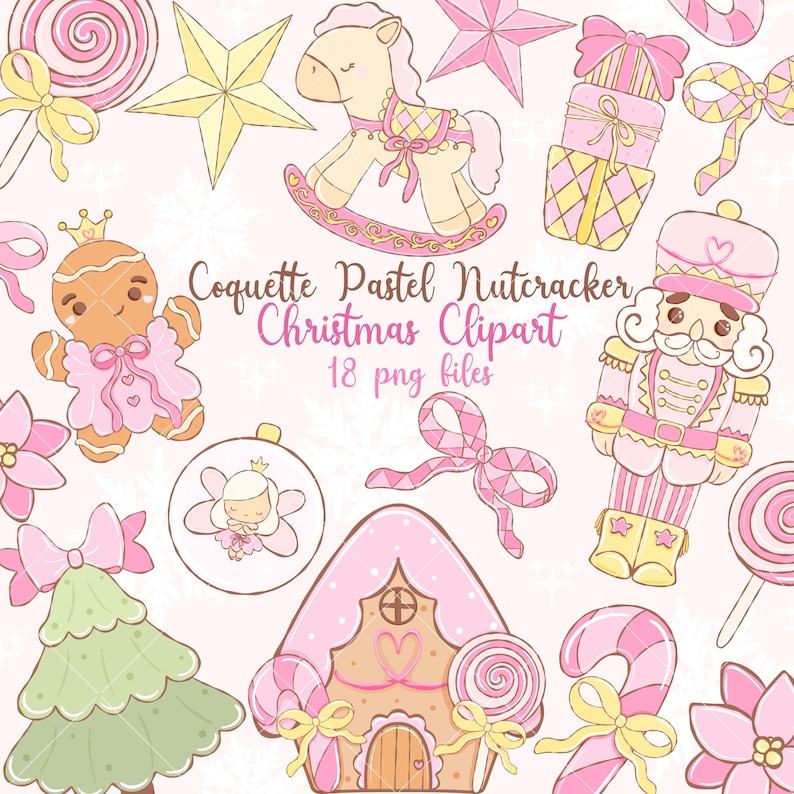 May include: A collection of pastel Christmas clipart elements, including a gingerbread person, a rocking horse, a nutcracker, and a gingerbread house. The image features pink, yellow, and green accents, with the text "Coquette Pastel Nutcracker Christmas Clipart 18 png files".