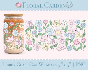 Pastellblommig trädgård 16oz Libbey glasburkomslag png Pastellblomma glasomslag Cottagecore iskaffekoppomslag Coquette vårglasomslag png