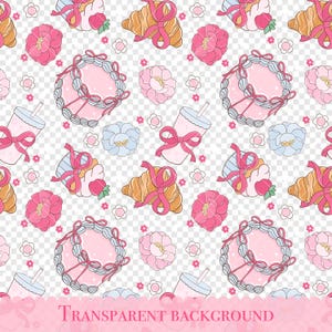 May include: A seamless pattern featuring pink and white cupcakes, croissants, and drinks with pink bows. The background is a transparent checkered pattern.