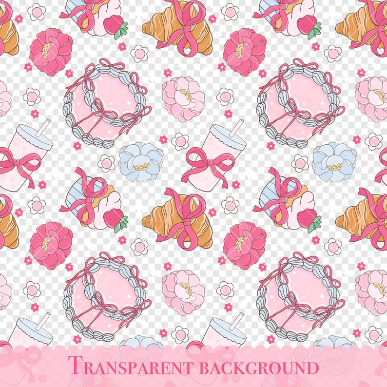 May include: A seamless pattern featuring pink and white cupcakes, croissants, and drinks with pink bows. The background is a transparent checkered pattern.