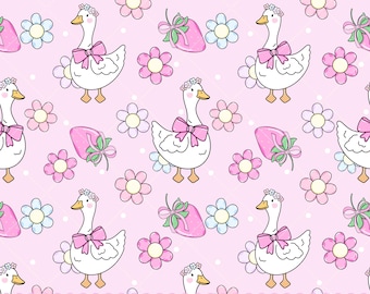 May include: A seamless pattern featuring white geese with orange beaks, wearing pink bows and floral crowns, interspersed with pink strawberries tied with green ribbons and light blue and pink flowers on a light pink background with white dots.