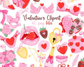Coquette Valentine's Day Clipart,Cute Valentines Clipart Bundle, Pink Valentines Clipart, Pastel Valentines Clipart, Valentines Day PNG