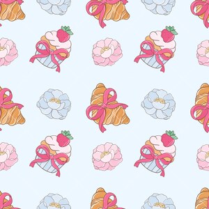 May include: A seamless pattern featuring pastel blue and pink flowers, croissants with pink ribbons, and cupcakes with pink frosting and strawberries. The background is a light blue.