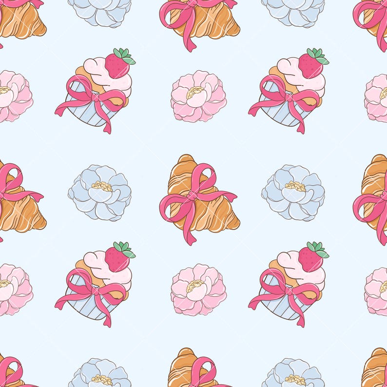 May include: A seamless pattern featuring pastel blue and pink flowers, croissants with pink ribbons, and cupcakes with pink frosting and strawberries. The background is a light blue.