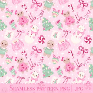 May include: A seamless pattern featuring Christmas-themed illustrations on a pink background. The design includes gingerbread people, snowmen, Christmas trees, candy canes, ornaments, and bows. The text "SEAMLESS PATTERN PNG | JPG" is at the bottom.