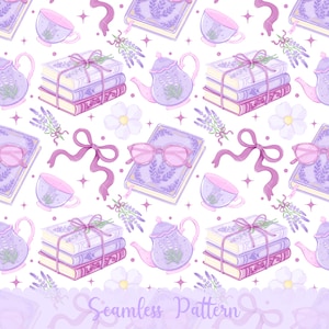 May include: A seamless pattern featuring lavender-colored illustrations of stacked books tied with ribbons, teapots, teacups, sprigs of lavender, eyeglasses, and white flowers on a white background. The design includes small four-pointed stars.