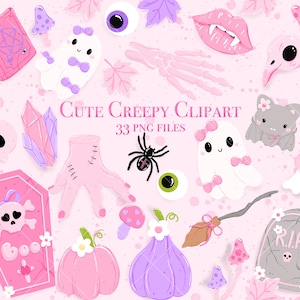 Cute Creepy Clipart png, Spooky Cute Halloween Clipart Set PNG Elements, Halloween  Illustrations, Kawaii Ghost PNG