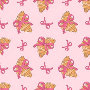 May include: A seamless pattern featuring pink bows tied around croissants on a light pink background.