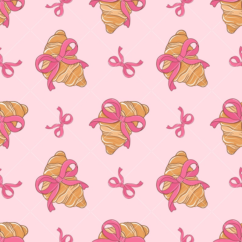 May include: A seamless pattern featuring pink bows tied around croissants on a light pink background.