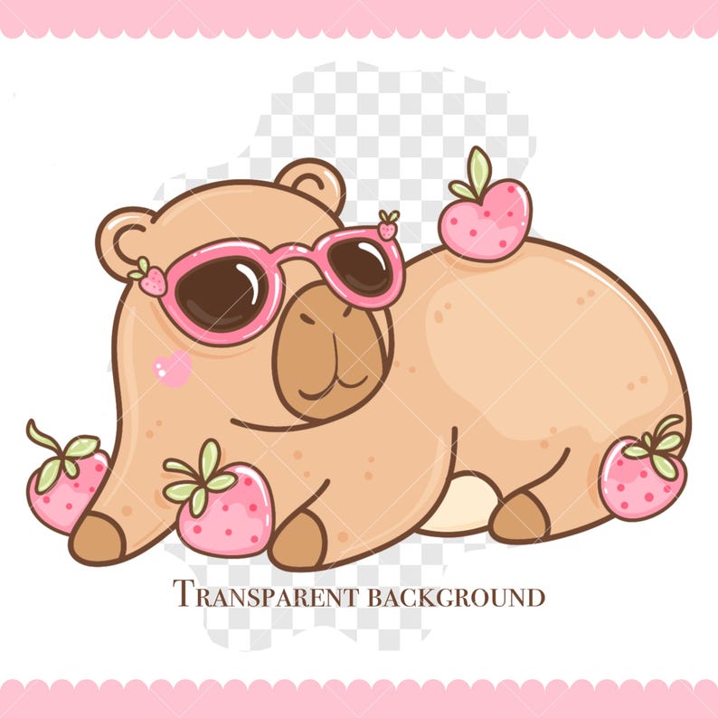 May include: A cartoon illustration of a light brown bear wearing pink sunglasses and surrounded by pink strawberries. The bear is lying down with a smiling expression. The text "TRANSPARENT BACKGROUND" is at the bottom.
