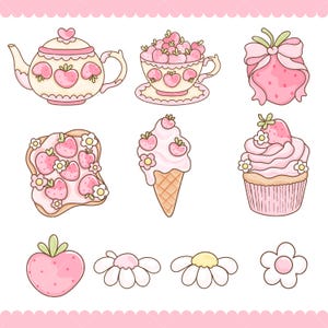May include: A collection of pink and white illustrations featuring a teapot, teacup, strawberry, toast, ice cream cone, and cupcake. The teapot and teacup are decorated with strawberry designs. The strawberry has a bow, and the toast, ice cream, and cupcake are topped with strawberries and flowers.
