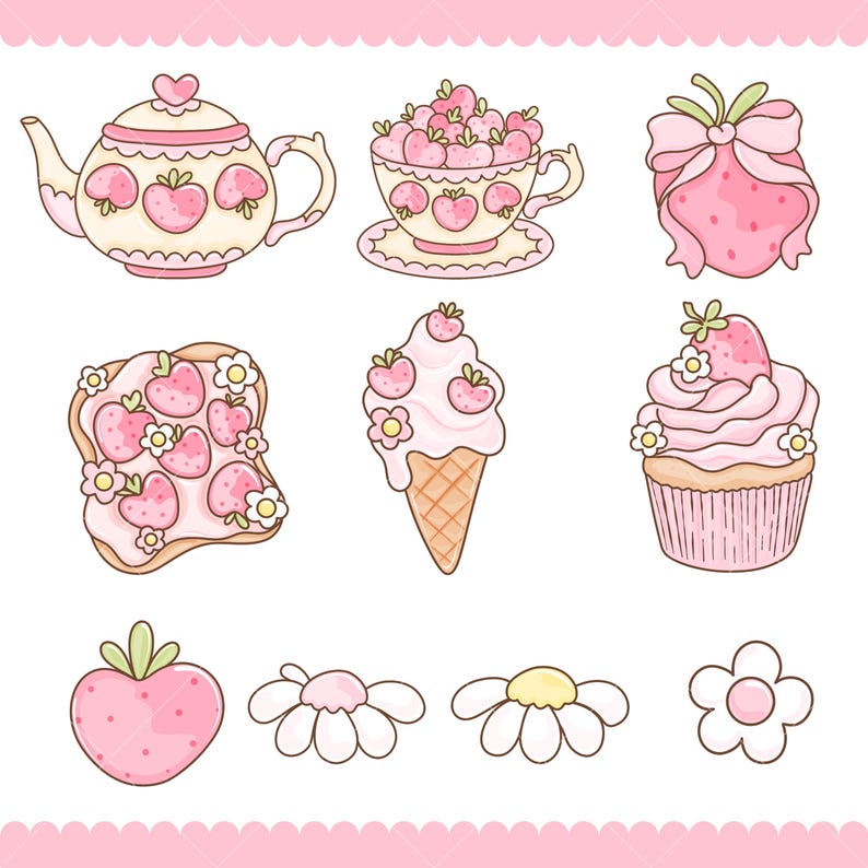 May include: A collection of pink and white illustrations featuring a teapot, teacup, strawberry, toast, ice cream cone, and cupcake. The teapot and teacup are decorated with strawberry designs. The strawberry has a bow, and the toast, ice cream, and cupcake are topped with strawberries and flowers.