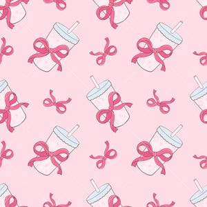 May include: A seamless pattern featuring pink and white cups with pink bows and straws on a pink background.