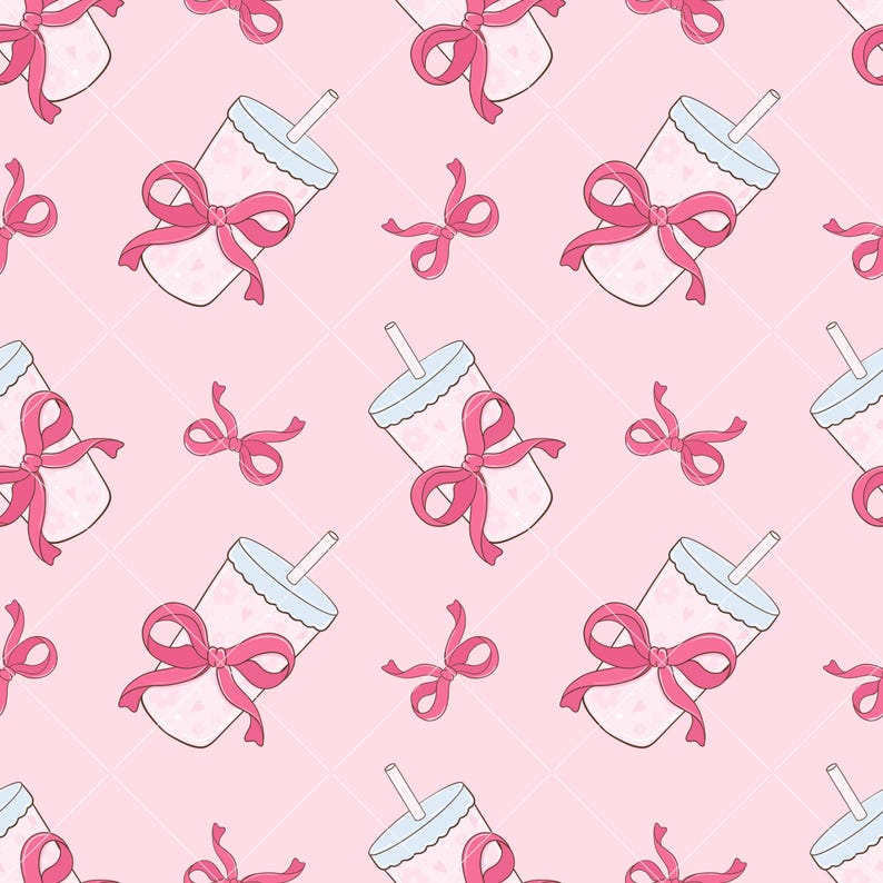 May include: A seamless pattern featuring pink and white cups with pink bows and straws on a pink background.