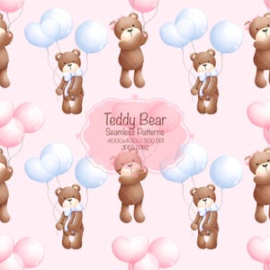 Urso de pelúcia com balão, padrão sem emendas, download digital de urso de pelúcia, padrão repetido de urso de pelúcia, papel para scrapbook, chá de bebê, urso de aniversário