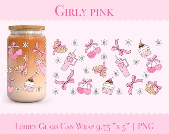 Coquette Cherry  Glass Can Wrap PNG, 16oz Libbey Can Design, Pink Bows and Baking Sublimation, Cute Summer Picnic Tumbler Wrap