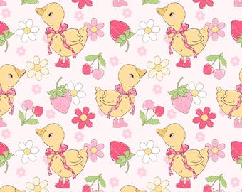Patrón de patito estilo cottagecore, diseño de tela de pato coqueto, diseño floral y frutal sin costuras (PNG JPG)