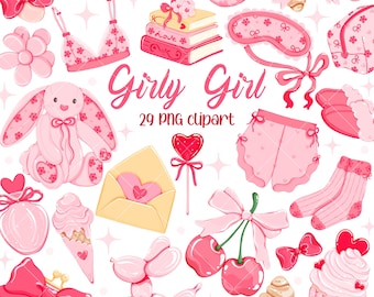 Girly Girl Clipart, Coquette girl PNG,Aesthetic girl png, Elements, Feminine Illustration Set, Hand Drawn Cute Elements Png