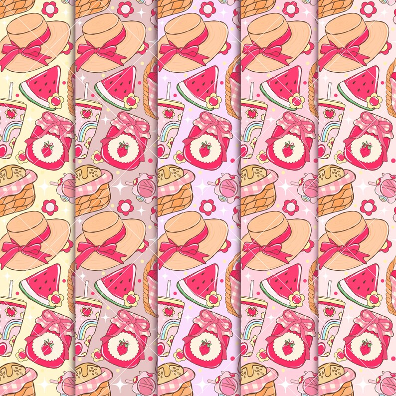 以下が含まれることがあります： ピクニックをテーマにしたイラストが繰り返されるパターン。ピンクのリボンが付いた麦わら帽子、スイカのスライス、イチゴジャムの瓶、ピクニックバスケット、虹のある飲み物など、パステルカラーのパレットでデザインされています。