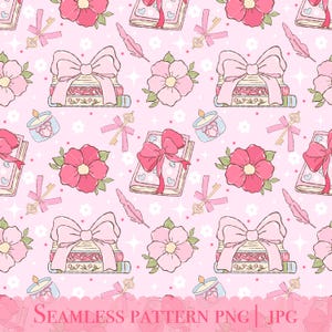 Coquette Bookish Seamless Pattern: Girly Pastel Design (PNG JPEG)