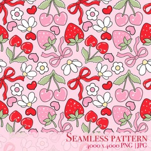 Coquette Strawberry Ribbon Seamless pattern,Coquette Cherry seamless, Bow printable repeat digital paper background,Summer print Jpg,Png