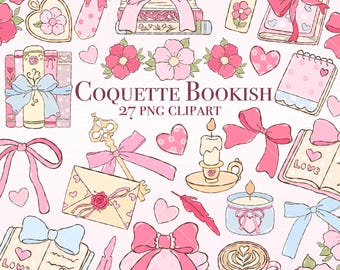 Coquette Bookish Clipart, Pink Girly PNG Stickers (Digital Download)