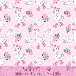 Silly Pink Goose Seamless Pattern Cute Girly Goose Repeating,Strawberry Goose Pattern Background Cute Duck  Floral Seamless Pattern PNG JPG