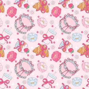May include: A seamless pattern featuring pink, blue, and white pastel colors. The pattern includes cupcakes, croissants, drinks, and flowers. The background is a light pink with white stars.