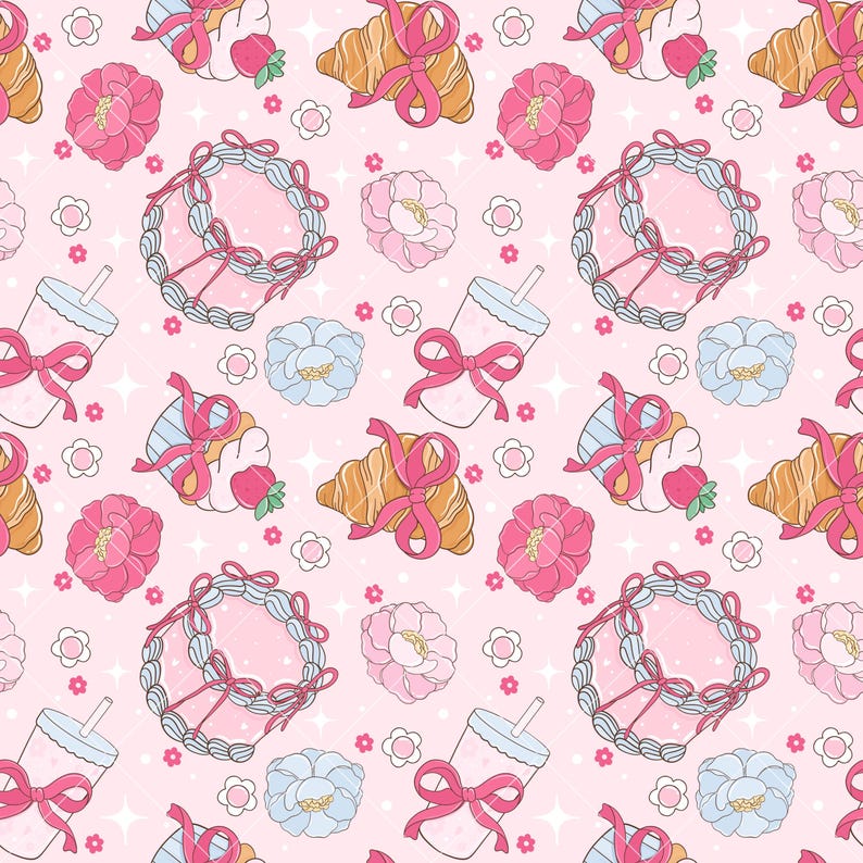 May include: A seamless pattern featuring pink, blue, and white pastel colors. The pattern includes cupcakes, croissants, drinks, and flowers. The background is a light pink with white stars.