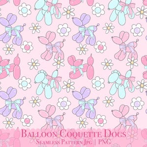 May include: A seamless pattern featuring pink, blue and purple balloon dogs with pink bows on a light pink background. White daisy flowers are scattered throughout the pattern.