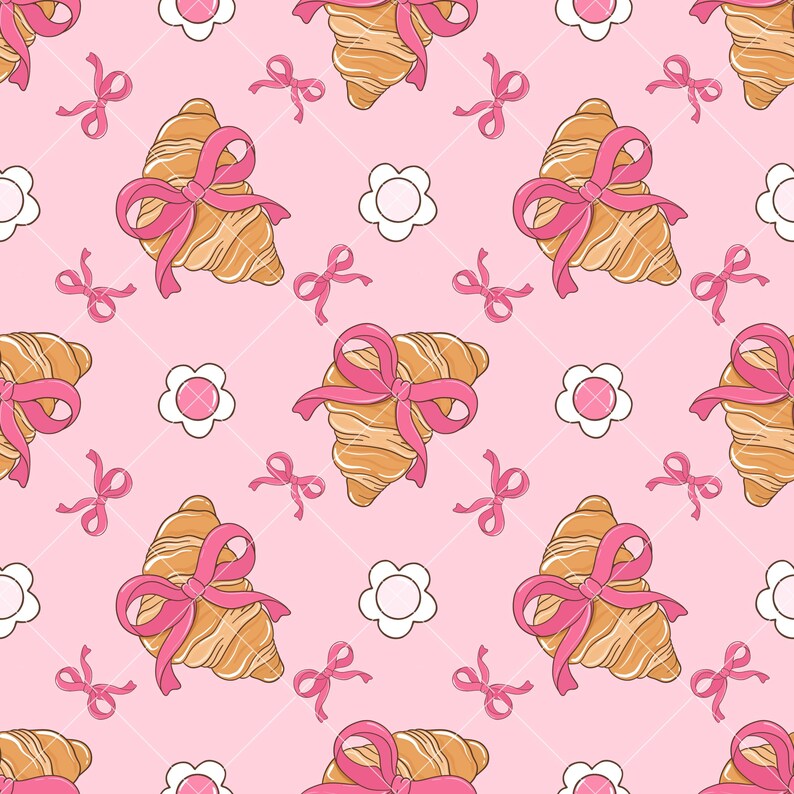 May include: A seamless pattern featuring pink bows and croissants on a pink background. The croissants are tied with pink bows and are surrounded by white flowers.
