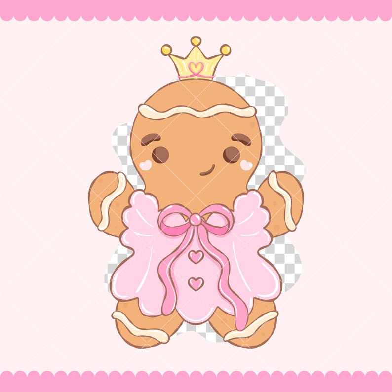 May include: A cartoon gingerbread cookie princess with a golden crown and a pink dress. The gingerbread person has a smiling face, brown eyes, and white icing details. The pink dress has a bow and heart details.