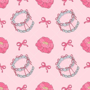May include: A seamless pattern featuring pink peonies, white cakes with pink frosting, and pink bows on a pink background.
