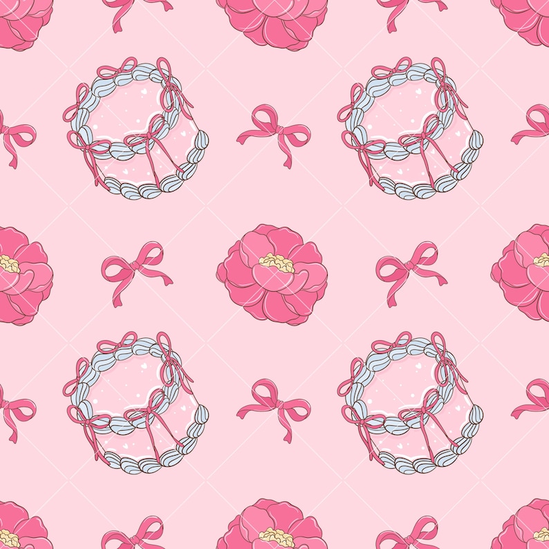 May include: A seamless pattern featuring pink peonies, white cakes with pink frosting, and pink bows on a pink background.