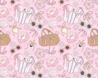 Girly Girl Seamless Pattern, coquette girl fabric design PNG, JPG (Digital Download)