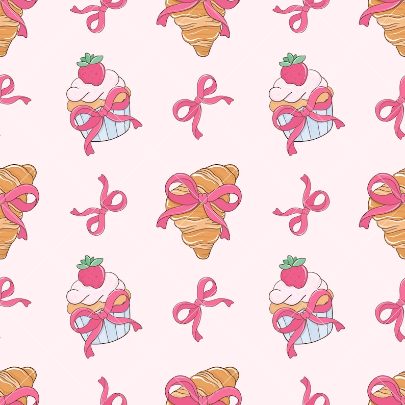 May include: A seamless pattern featuring pink bows, cupcakes with strawberries, and croissants. The background is a light pink color.
