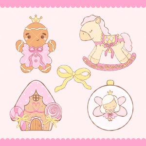 May include: A collection of whimsical, hand-drawn illustrations featuring a gingerbread person with a crown, a rocking horse, a gingerbread house with candy, a yellow bow, and a fairy ornament. The color palette includes pink, yellow, and brown.