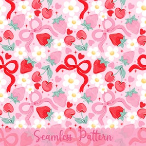 Puede incluir: Un patrón sin costuras con fresas, cerezas, lazos y margaritas sobre un fondo rosa. El diseño incluye elementos rojos y rosas, con el texto "Seamless Pattern" en la parte inferior.