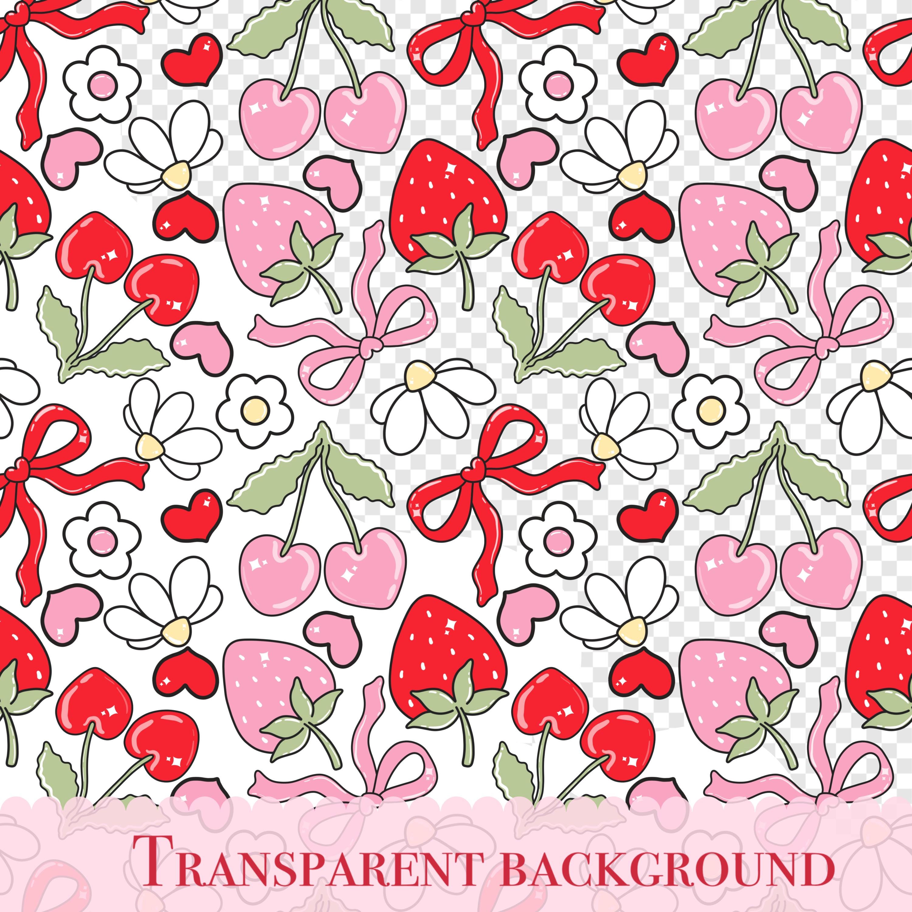 Coquette Strawberry Seamless Pattern, Cute Cherry and Red Bows Fabric ...
